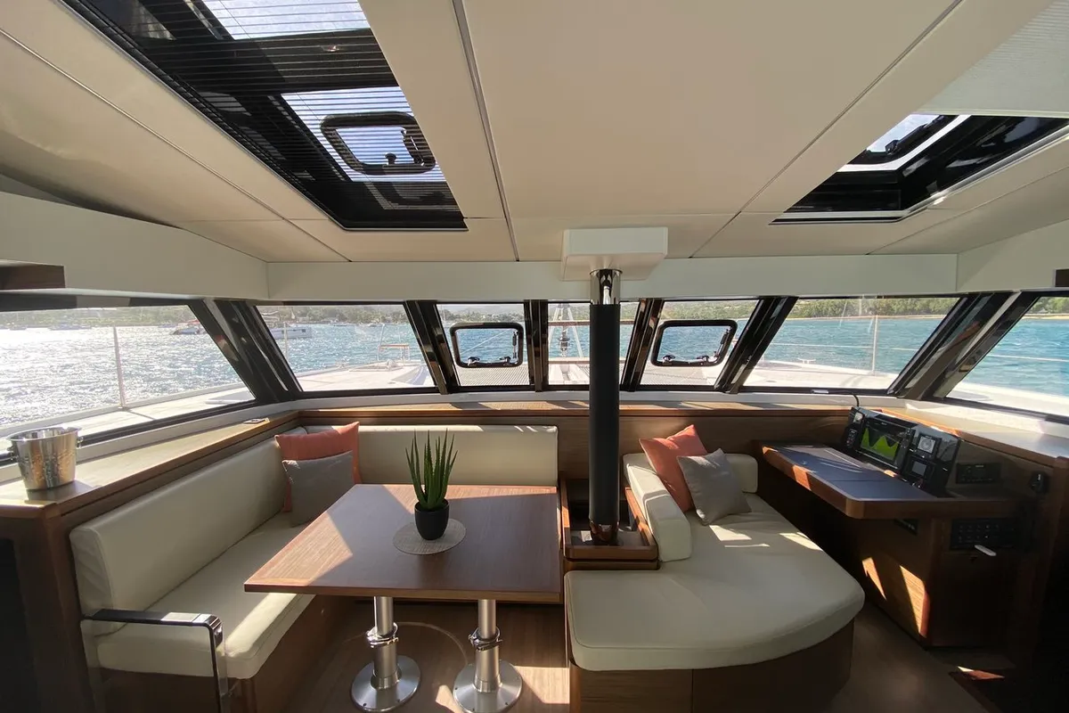 Salon of Sea Spirit II, a Nautitech 46 Fly catamaran at Grande Rivière Noire VCA, Mauritius