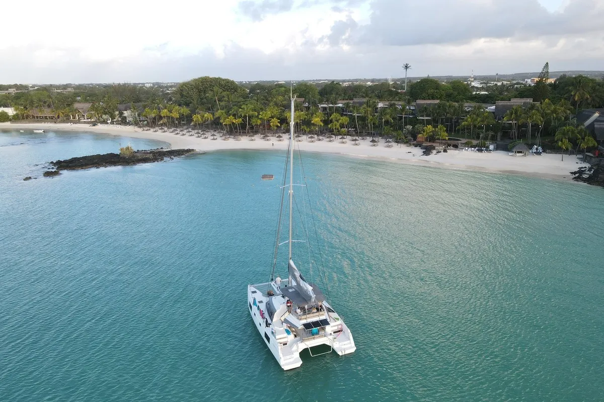 Exterior view of Sea Spirit II, a Nautitech 46 Fly catamaran at Grande Rivière Noire VCA, Mauritius