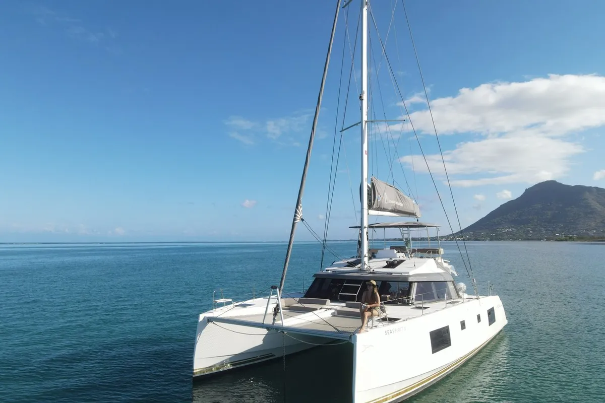 Exterior view of Sea Spirit II, a Nautitech 46 Fly catamaran at Grande Rivière Noire VCA, Mauritius