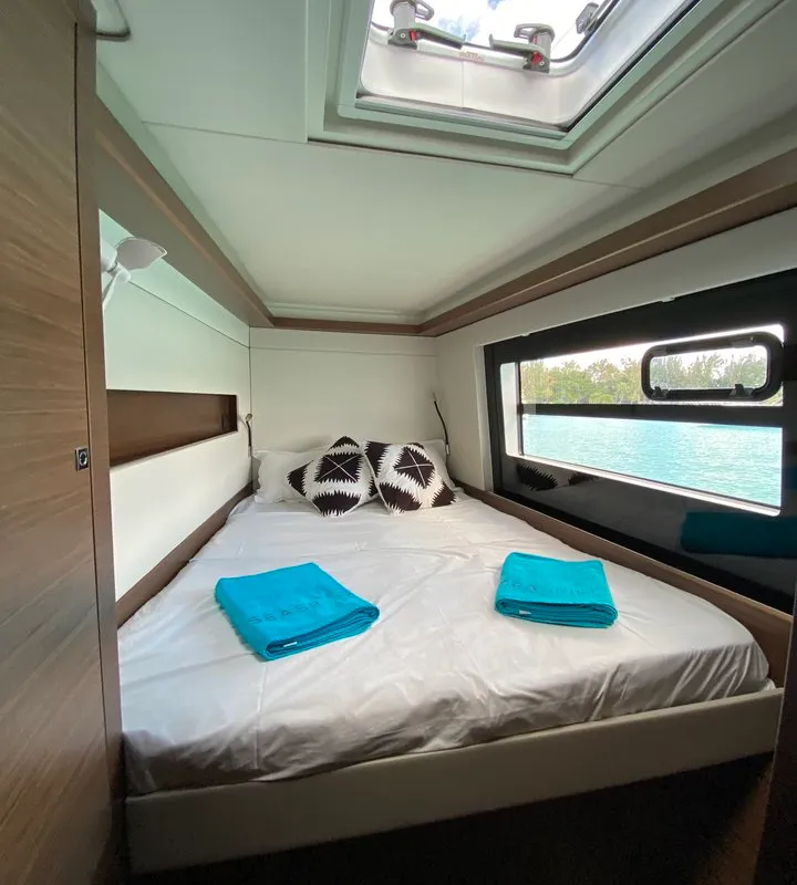 Cabin on Sea Spirit II, a Nautitech 46 Fly catamaran at Grande Rivière Noire VCA, Mauritius