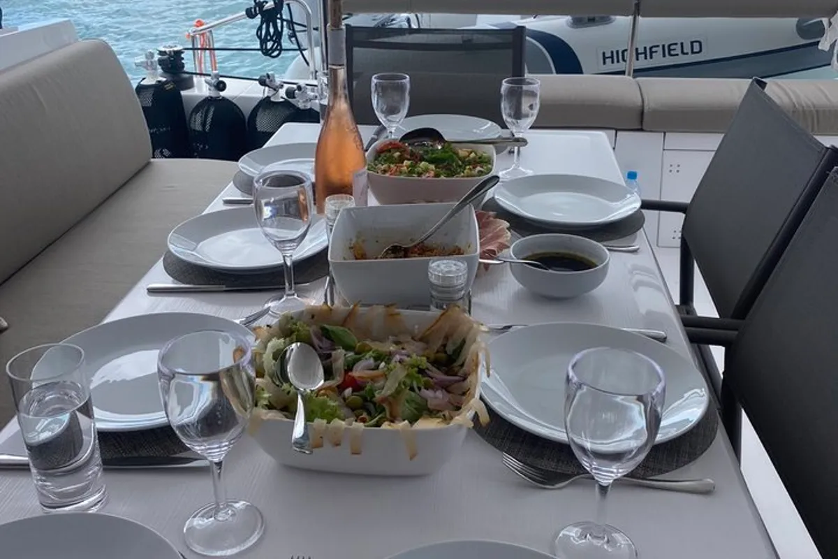 Deck of Sea Spirit II, a Nautitech 46 Fly catamaran at Grande Rivière Noire VCA, Mauritius