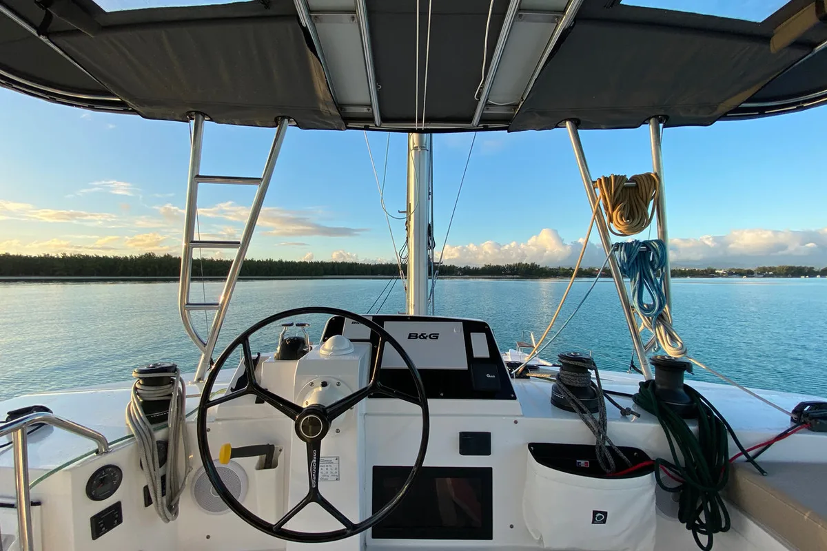 Cockpit of Sea Spirit II, a Nautitech 46 Fly catamaran at Grande Rivière Noire VCA, Mauritius