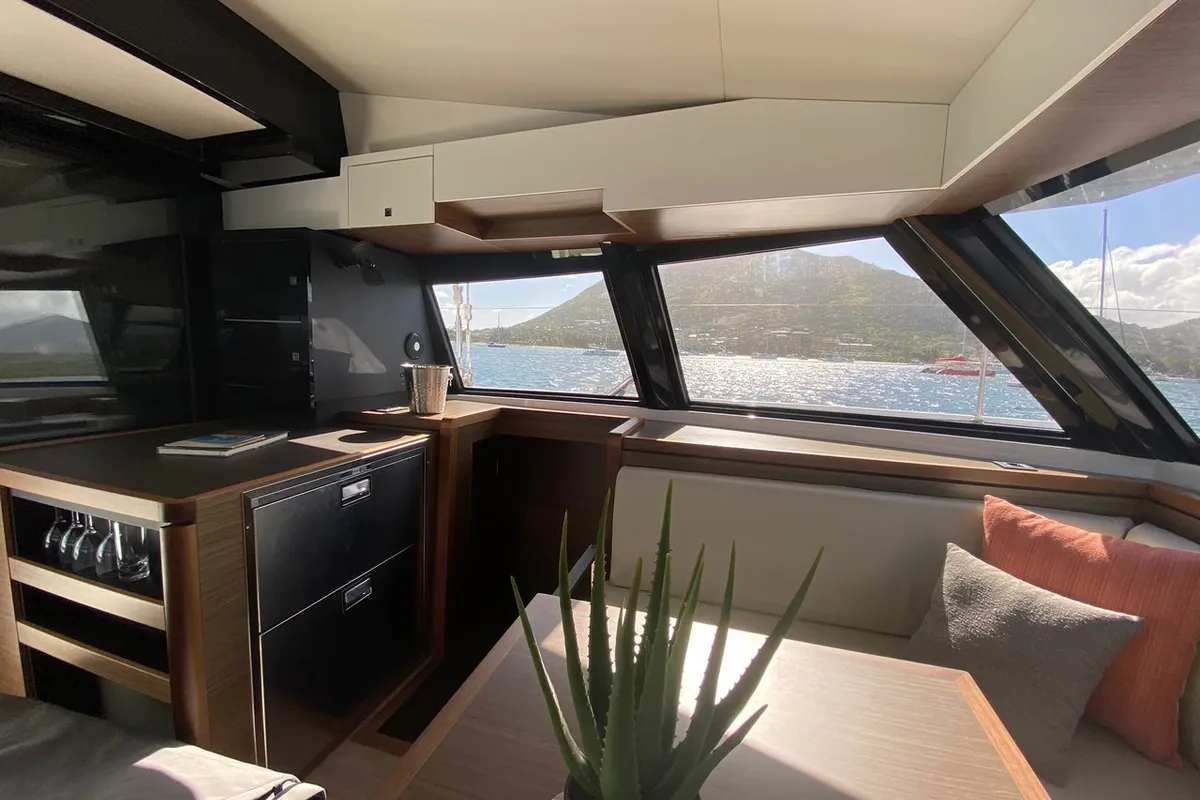 Salon of Sea Spirit II, a Nautitech 46 Fly catamaran at Grande Rivière Noire VCA, Mauritius