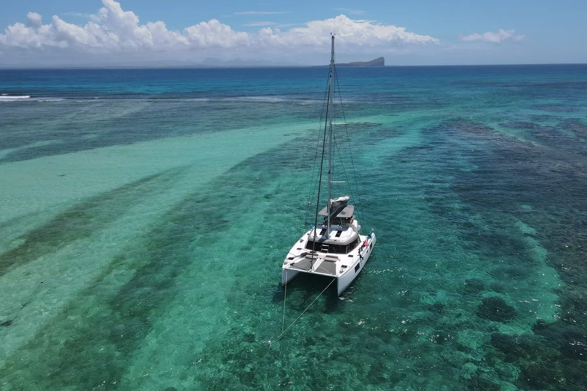 Exterior view of Sea Spirit II, a Nautitech 46 Fly catamaran at Grande Rivière Noire VCA, Mauritius