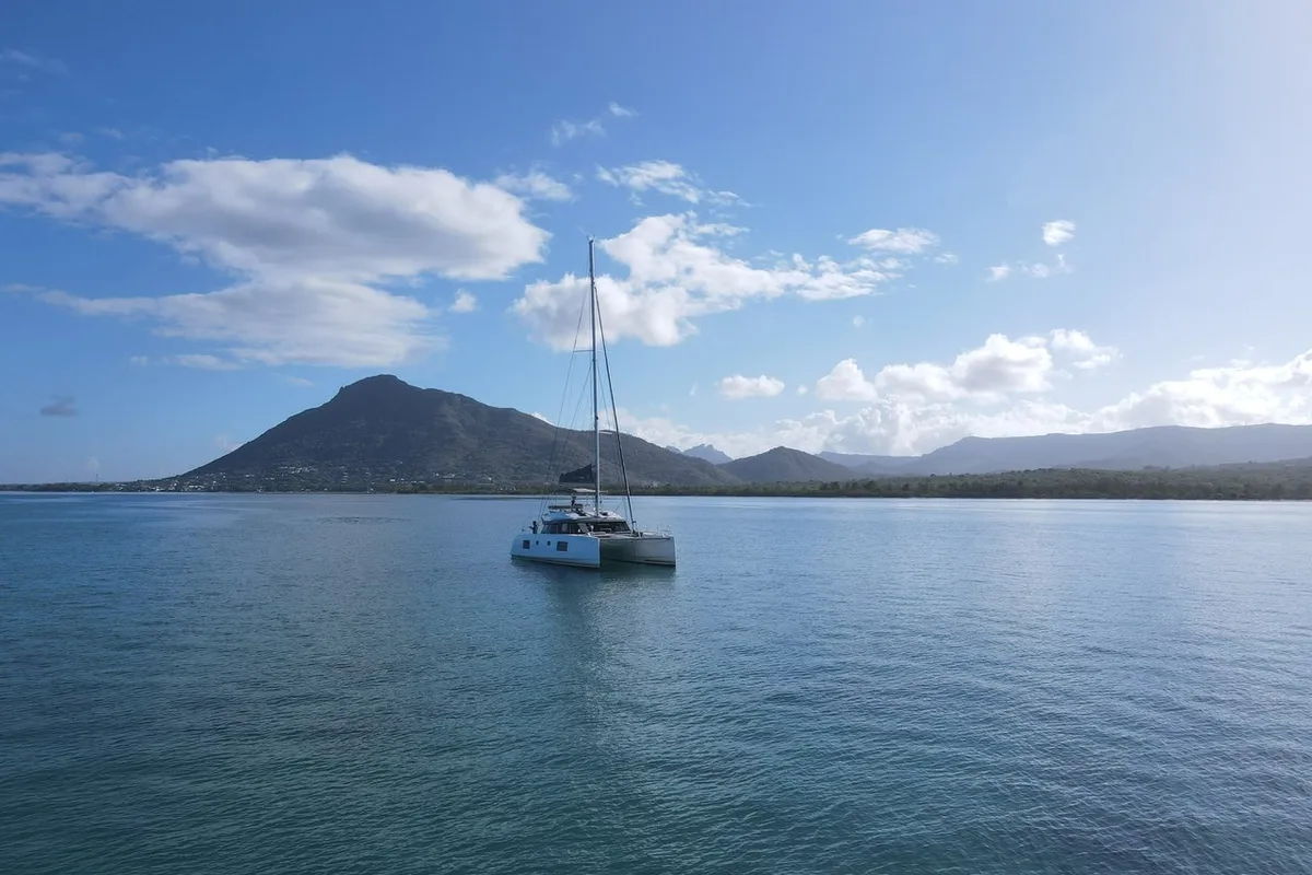 Exterior view of Sea Spirit II, a Nautitech 46 Fly catamaran at Grande Rivière Noire VCA, Mauritius