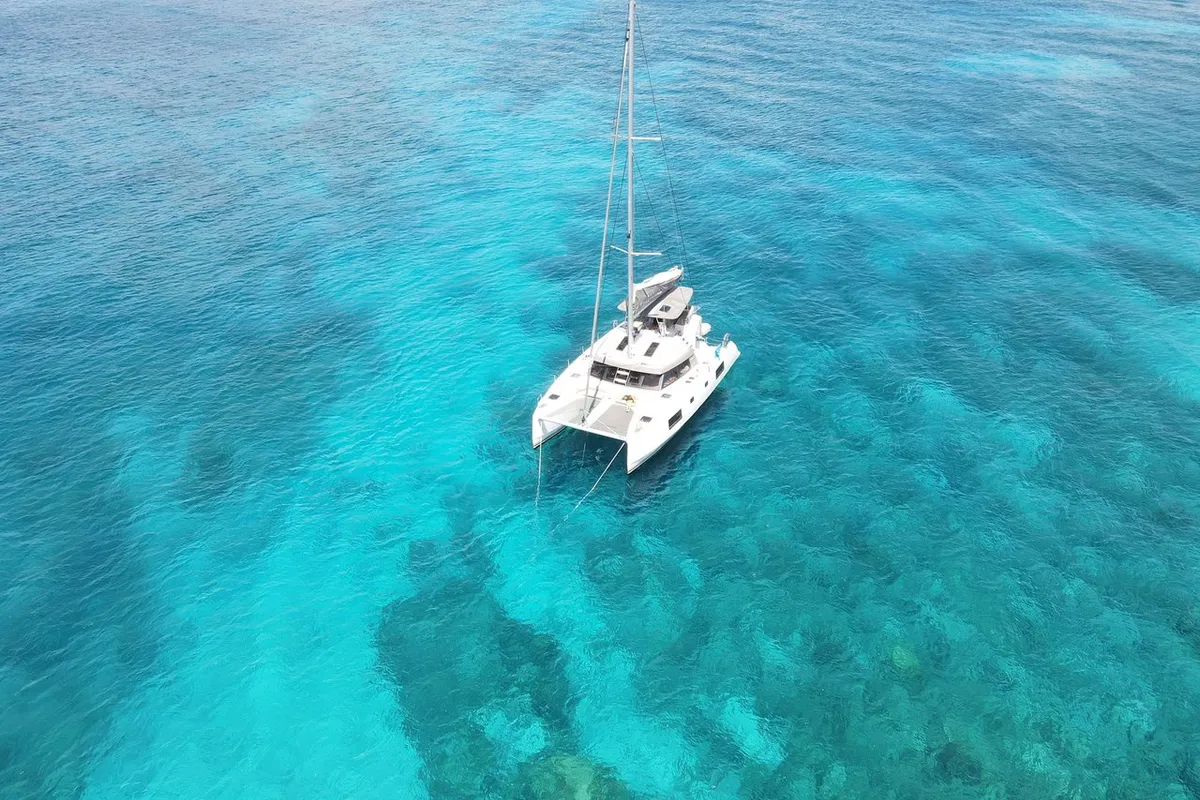 Exterior view of Sea Spirit II, a Nautitech 46 Fly catamaran at Grande Rivière Noire VCA, Mauritius