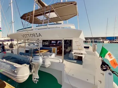 Deck of Vittoria, a Dufour Catamaran 48 catamaran at Olbia, Italy