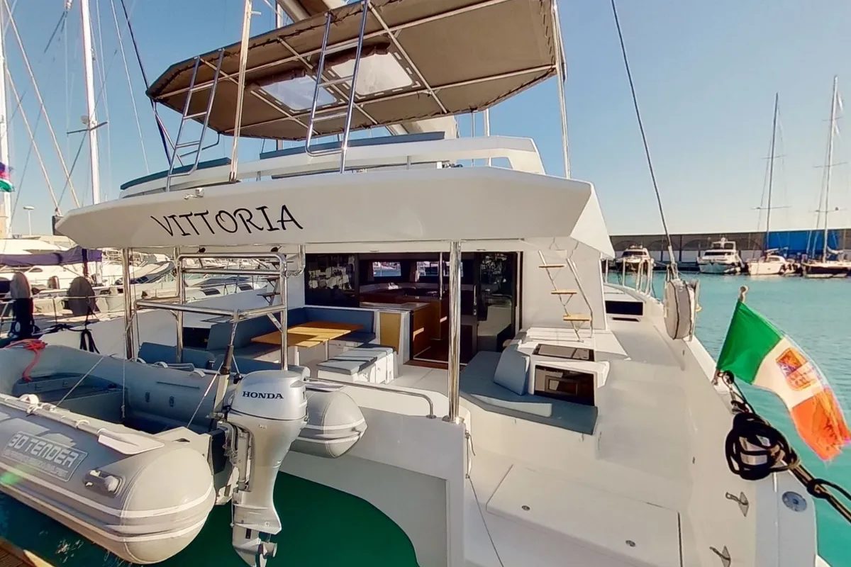 Deck of Vittoria, a Dufour Catamaran 48 catamaran at Olbia, Italy