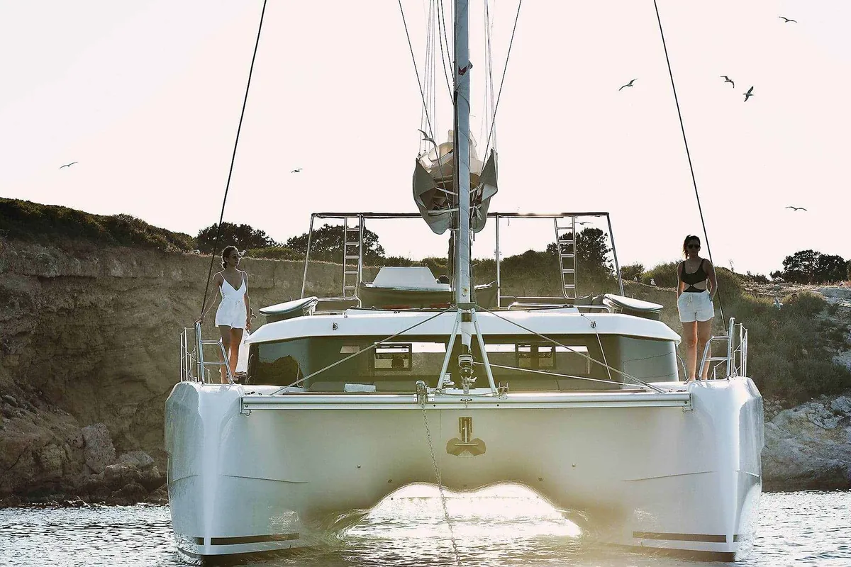 Exterior view of Vittoria, a Dufour Catamaran 48 catamaran at Olbia, Italy