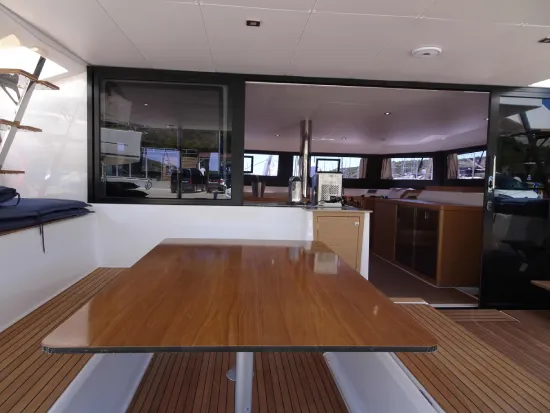 Deck of Vittoria, a Dufour Catamaran 48 catamaran at Olbia, Italy