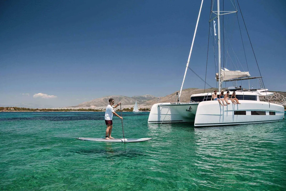 Exterior view of Vittoria, a Dufour Catamaran 48 catamaran at Olbia, Italy