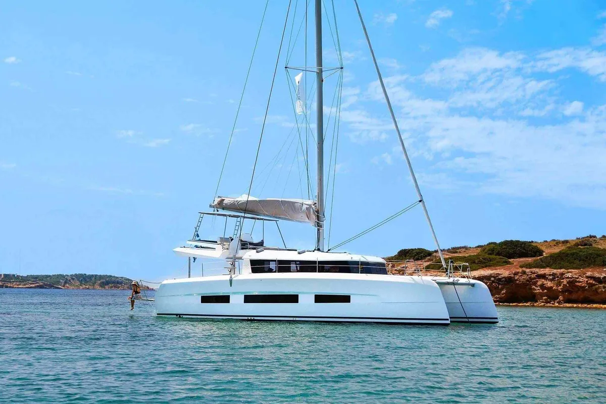 Exterior view of Vittoria, a Dufour Catamaran 48 catamaran at Olbia, Italy