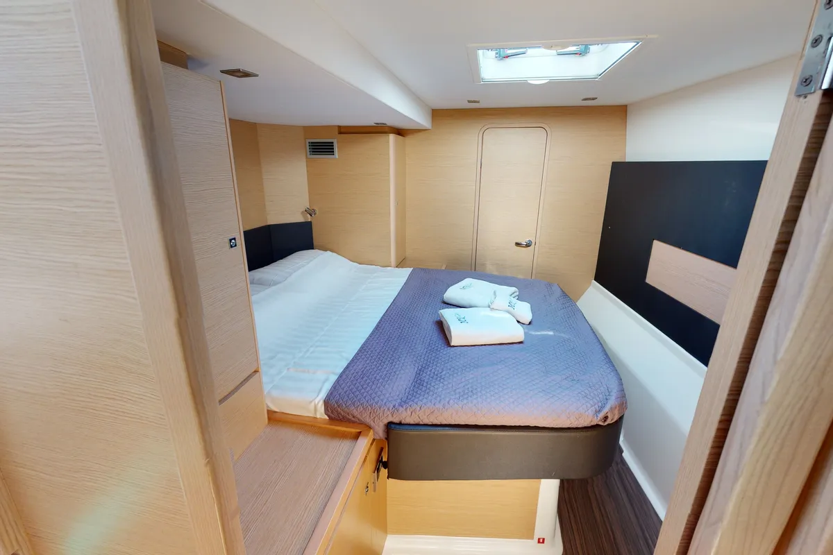 Cabin on Vittoria, a Dufour Catamaran 48 catamaran at Olbia, Italy