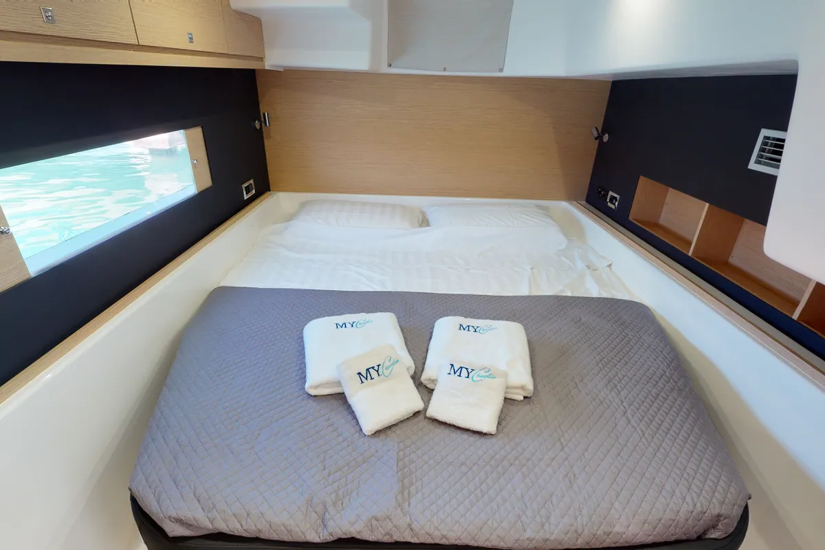 Cabin on Vittoria, a Dufour Catamaran 48 catamaran at Olbia, Italy