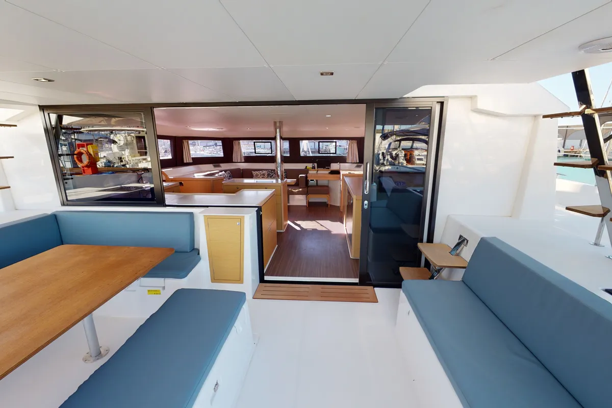 Deck of Vittoria, a Dufour Catamaran 48 catamaran at Olbia, Italy