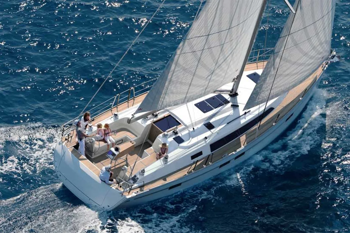Exterior view of Vela, a Bavaria Cruiser 46 sailboat at Fethiye, Turkey