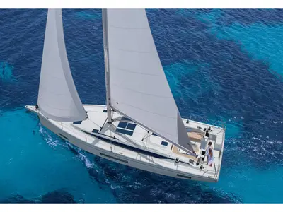 Exterior view of Vela, a Bavaria Cruiser 46 sailboat at Fethiye, Turkey