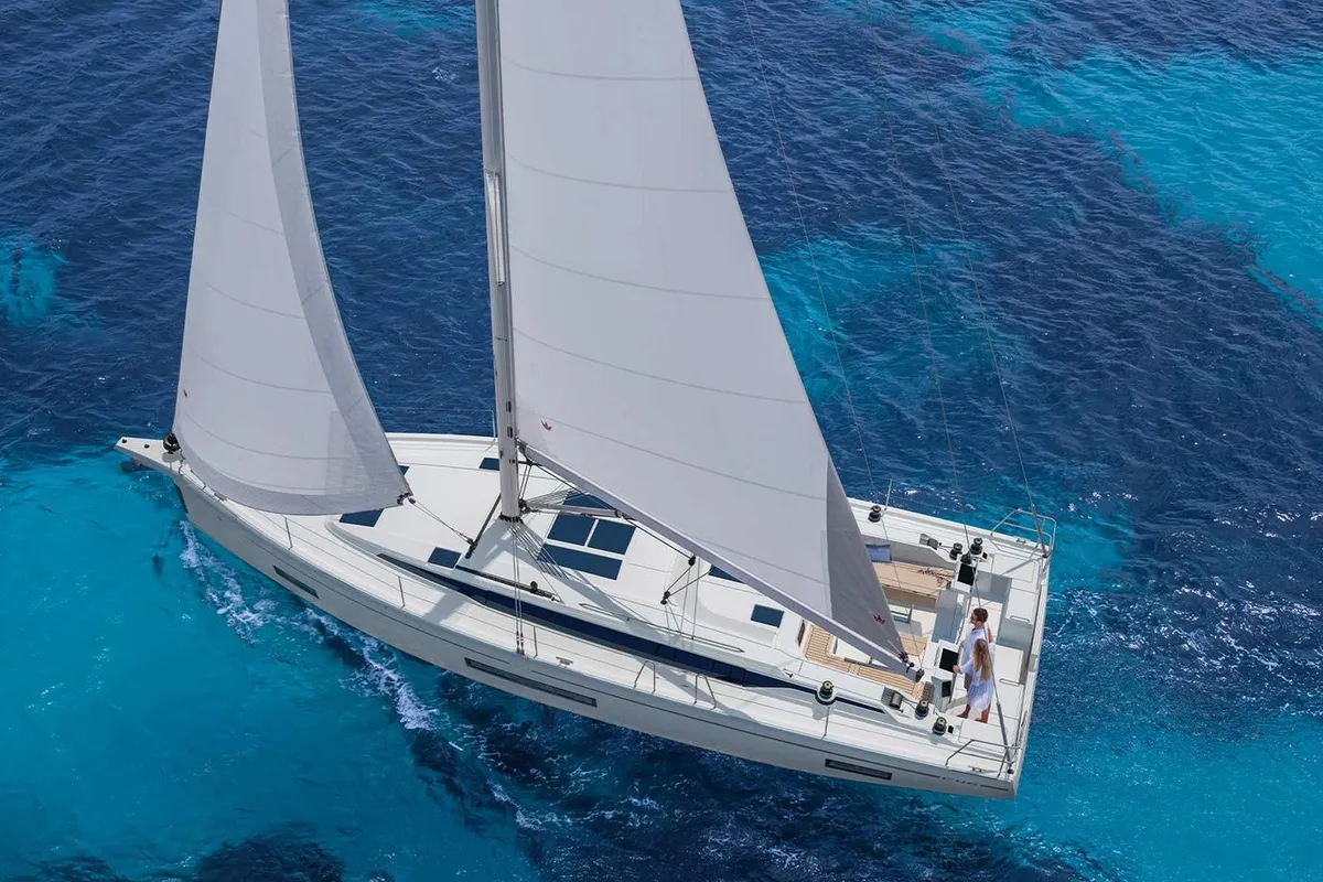 Exterior view of Vela, a Bavaria Cruiser 46 sailboat at Fethiye, Turkey
