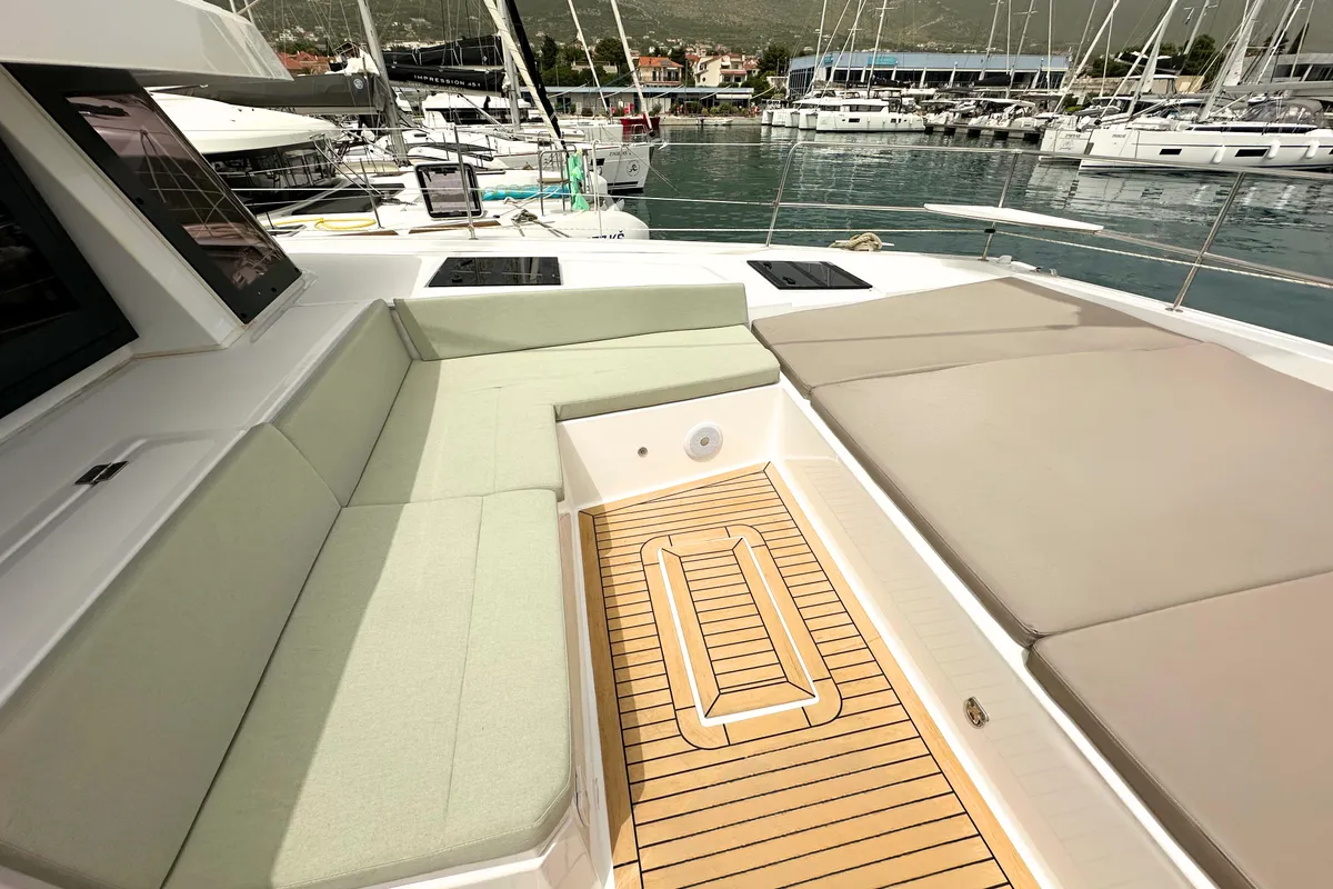 Deck of Maestro, a Bali 4.6 catamaran at Kaštela, Croatia