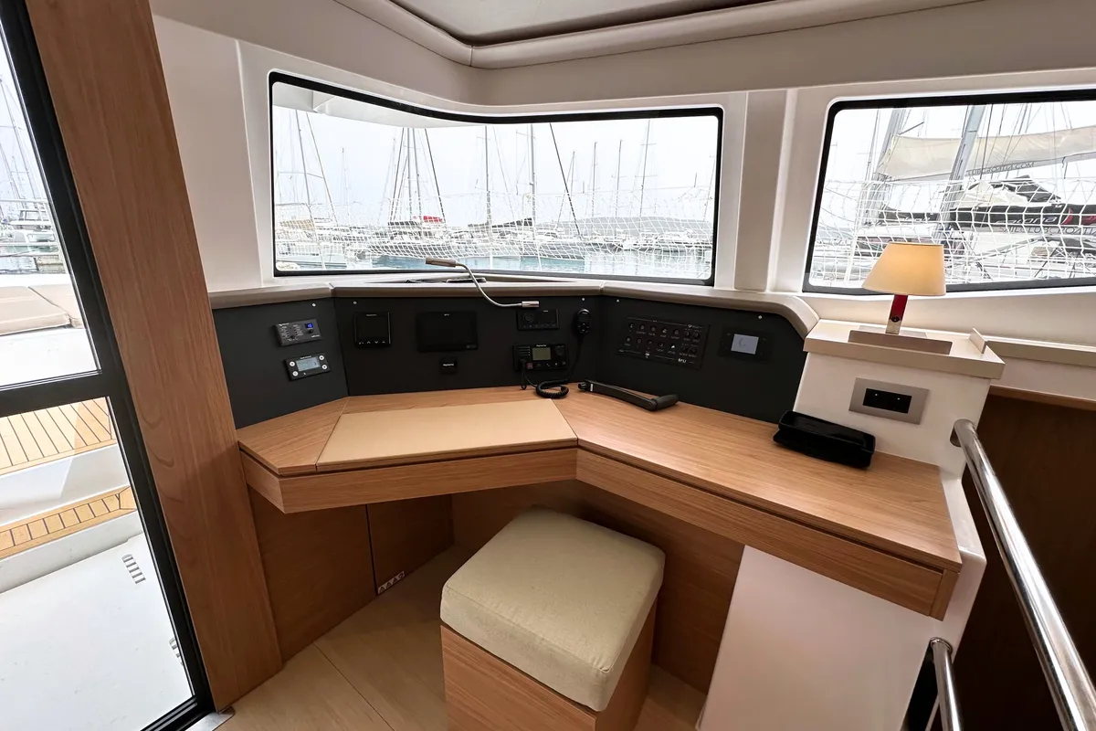 Cockpit of Maestro, a Bali 4.6 catamaran at Kaštela, Croatia