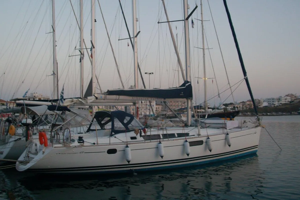 Exterior view of Almyra, a Jeanneau Sun Odyssey 49i sailboat at Municipal Unit of Nea Peramos, Greece