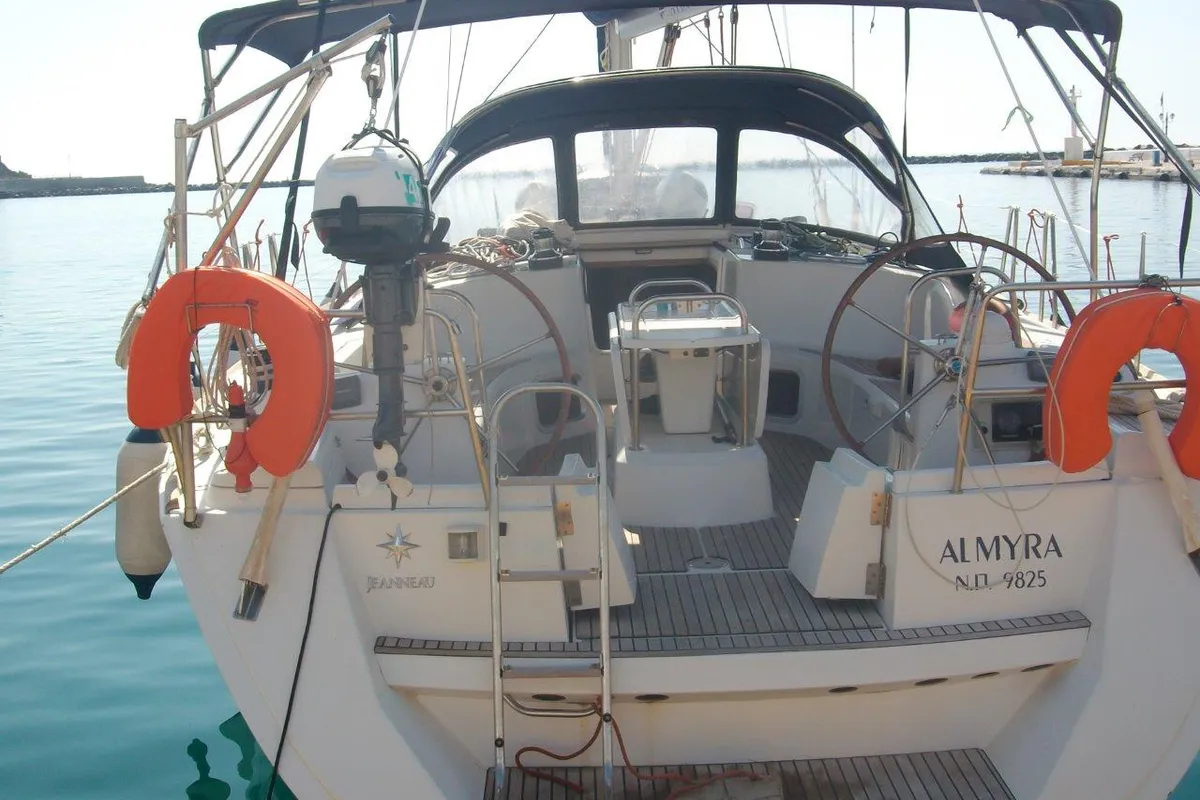 Cockpit of Almyra, a Jeanneau Sun Odyssey 49i sailboat at Municipal Unit of Nea Peramos, Greece