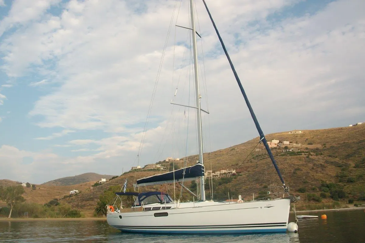 Exterior view of Almyra, a Jeanneau Sun Odyssey 49i sailboat at Municipal Unit of Nea Peramos, Greece
