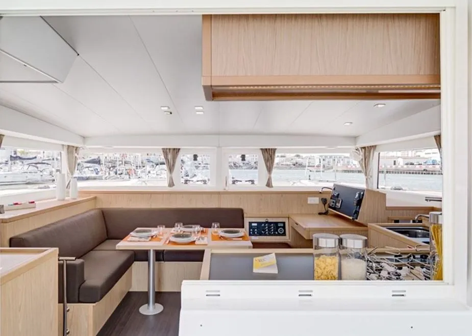 Salon of Orion VII, a Lagoon 400 S2 catamaran at Skiathos, Greece