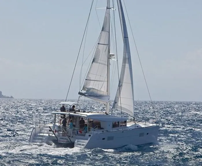 Exterior view of Orion VII, a Lagoon 400 S2 catamaran at Skiathos, Greece