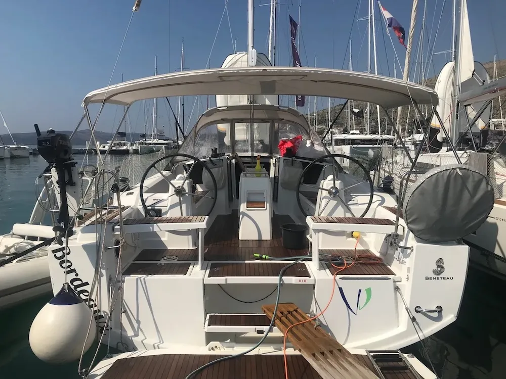 Cockpit of Bordeaux, a Beneteau Oceanis 38.1 sailboat at Seget Donji, Croatia