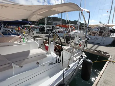 Cockpit of Andiamo, a Jeanneau Sun Odyssey 440 sailboat at Road Town, British Virgin Islands