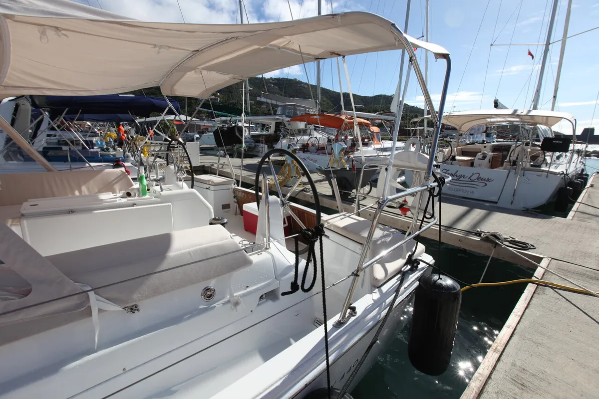 Cockpit of Andiamo, a Jeanneau Sun Odyssey 440 sailboat at Road Town, British Virgin Islands
