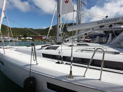 Deck of Andiamo, a Jeanneau Sun Odyssey 440 sailboat at Road Town, British Virgin Islands