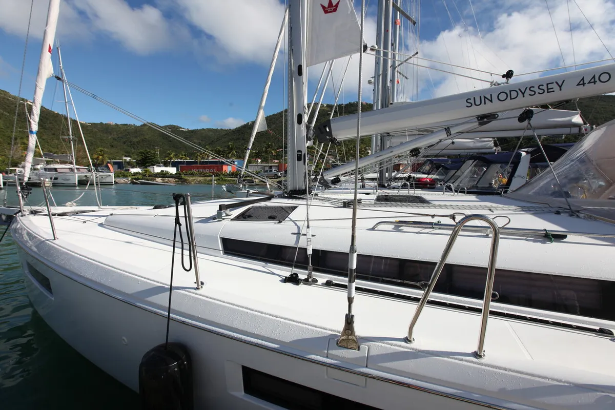 Deck of Andiamo, a Jeanneau Sun Odyssey 440 sailboat at Road Town, British Virgin Islands
