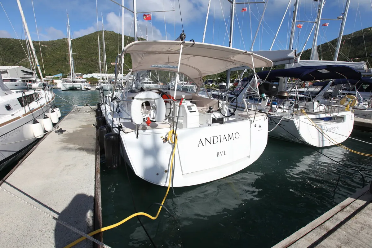 Exterior view of Andiamo, a Jeanneau Sun Odyssey 440 sailboat at Road Town, British Virgin Islands