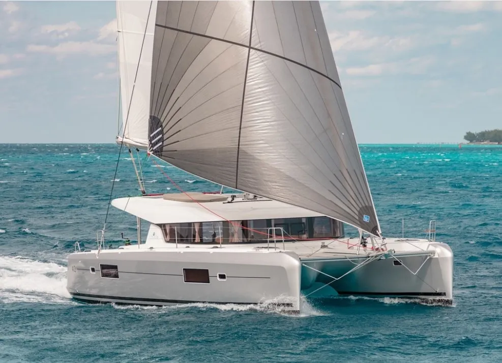 Exterior view of Lagoon 42, a catamaran at Skiathos, Greece