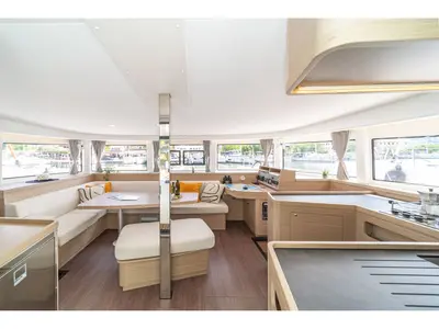 Salon of Lagoon 42, a catamaran at Skiathos, Greece