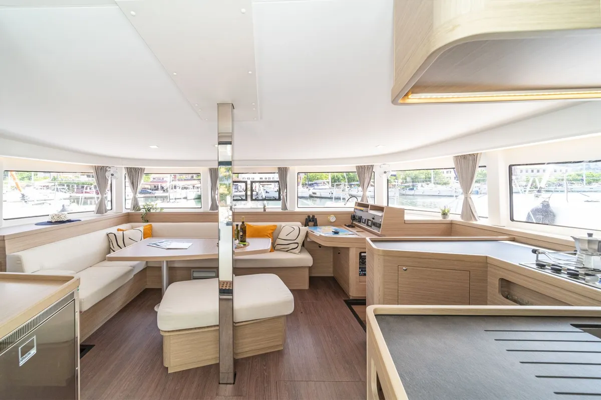 Salon of Lagoon 42, a catamaran at Skiathos, Greece