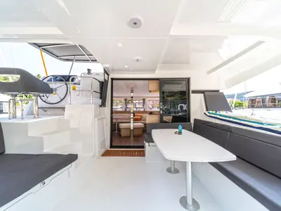 Deck of Lagoon 42, a catamaran at Skiathos, Greece