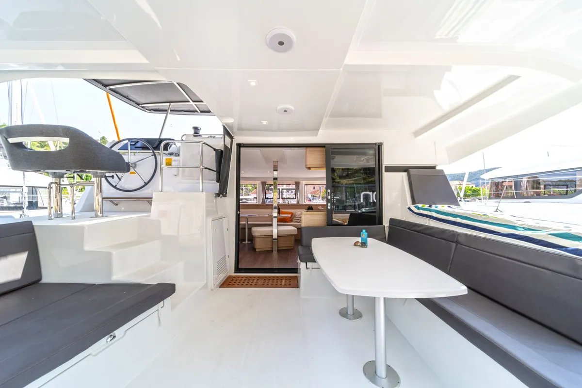 Deck of Lagoon 42, a catamaran at Skiathos, Greece