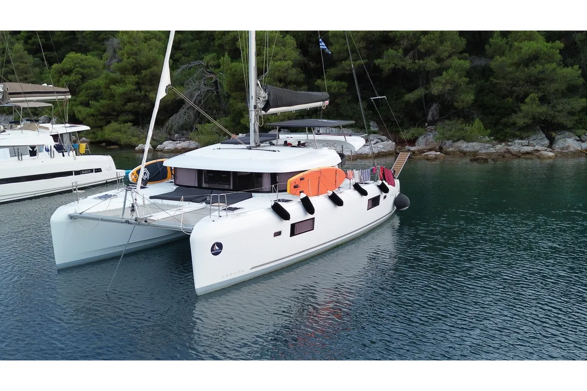 Exterior view of Lagoon 42, a catamaran at Skiathos, Greece