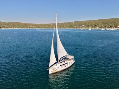 Exterior view of Bura, a Bavaria Cruiser 37 sailboat at Punat, Croatia