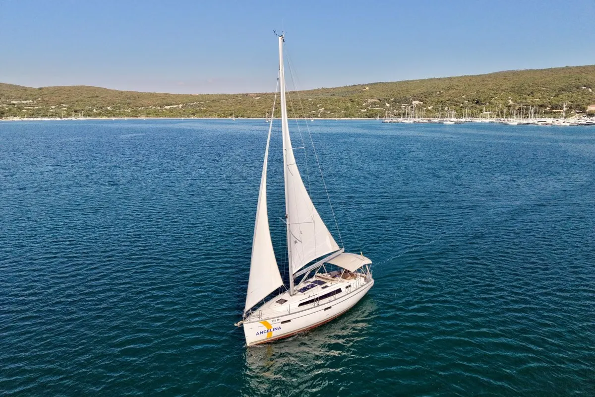 Exterior view of Bura, a Bavaria Cruiser 37 sailboat at Punat, Croatia