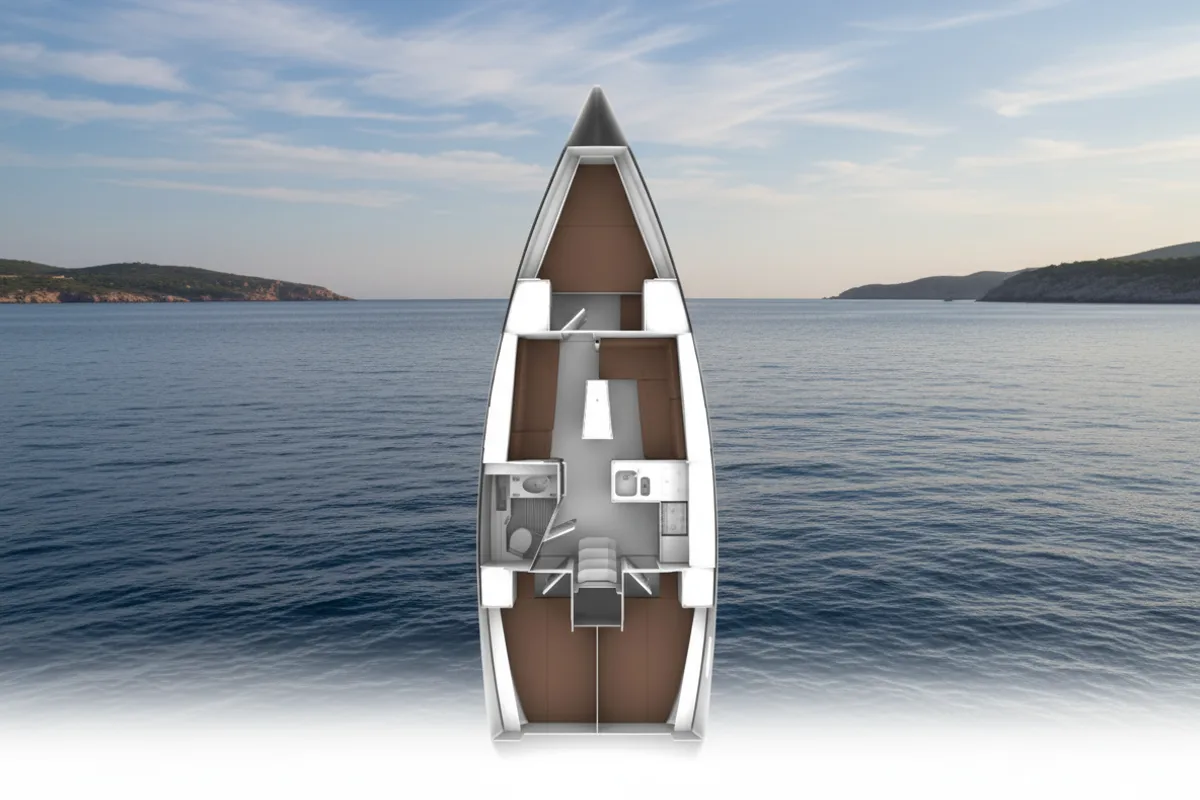 Exterior view of Bura, a Bavaria Cruiser 37 sailboat at Punat, Croatia