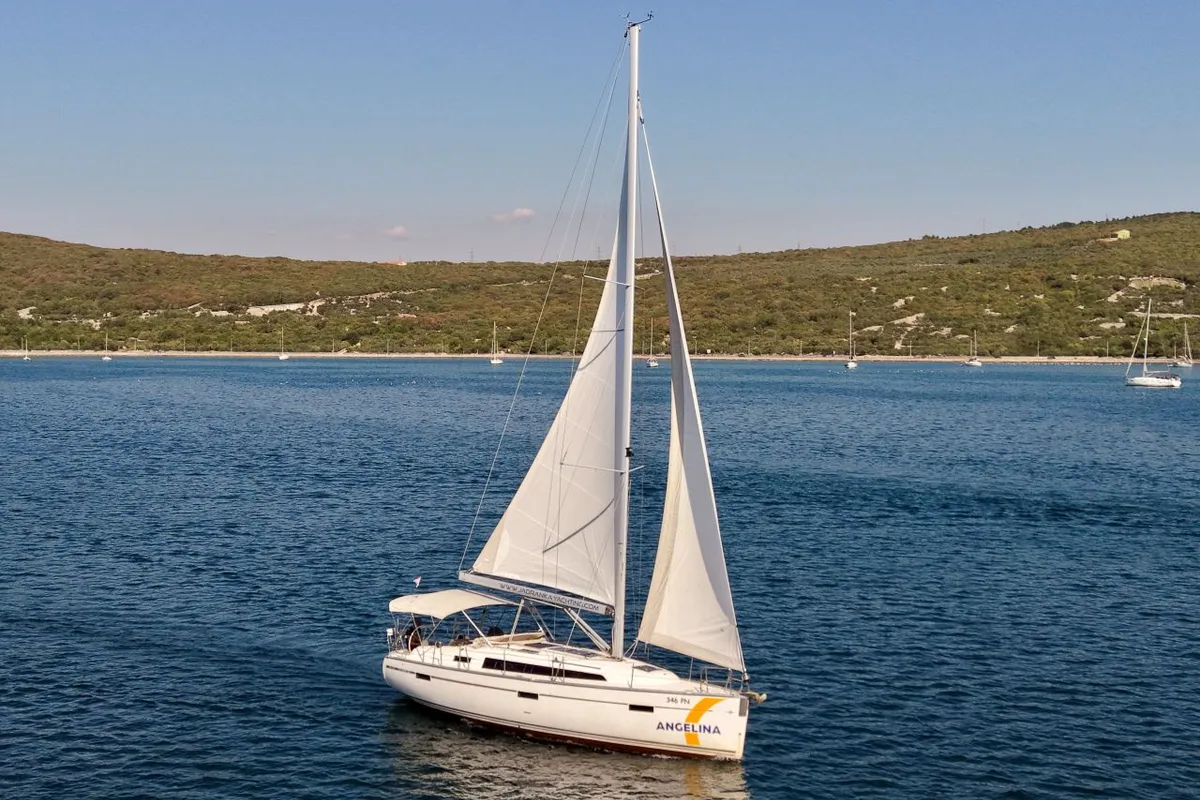 Exterior view of Bura, a Bavaria Cruiser 37 sailboat at Punat, Croatia
