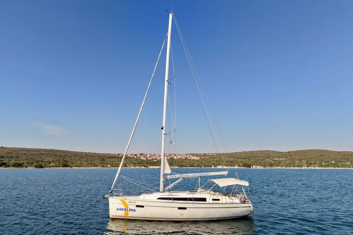 Exterior view of Bura, a Bavaria Cruiser 37 sailboat at Punat, Croatia