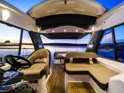 Cockpit of Anchy, a Bavaria 33 Sport HT motorboat at Punat, Croatia