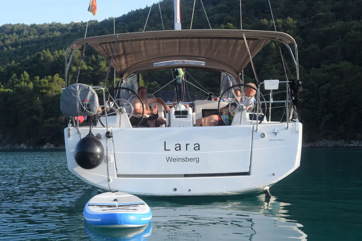 Exterior view of Lara, a Jeanneau Sun Odyssey 410 sailboat at Punat, Croatia