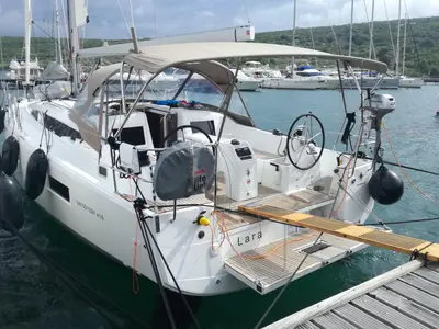 Cockpit of Lara, a Jeanneau Sun Odyssey 410 sailboat at Punat, Croatia