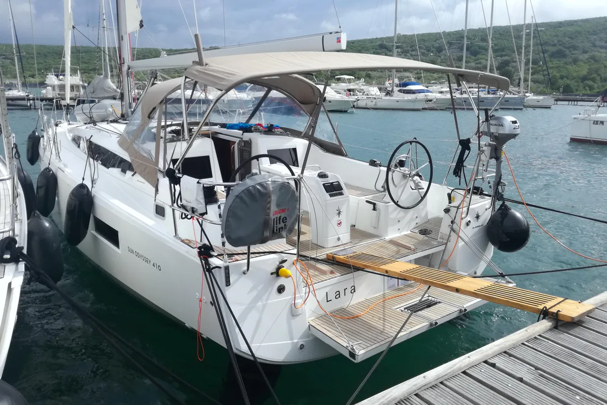 Cockpit of Lara, a Jeanneau Sun Odyssey 410 sailboat at Punat, Croatia